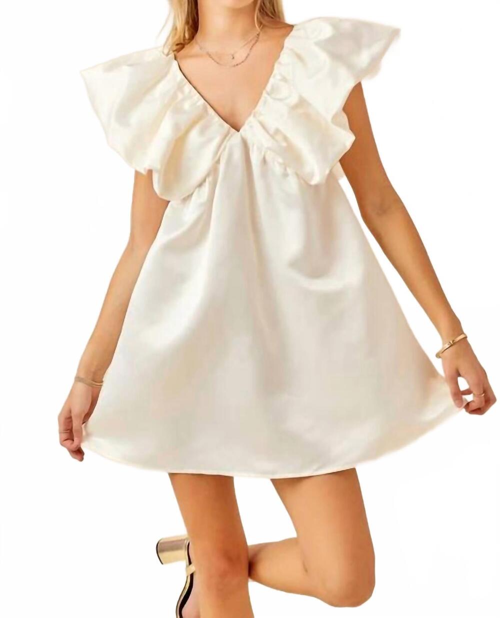 NEW DAY + MOON satin volume shoulder mini dress in ivory